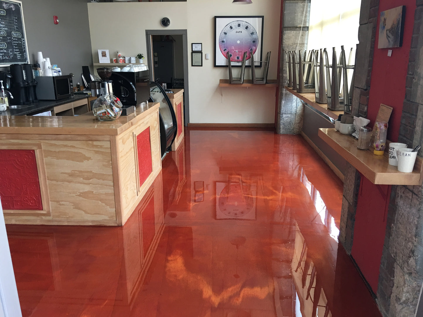 coffee bar with metallic epoxy floors
